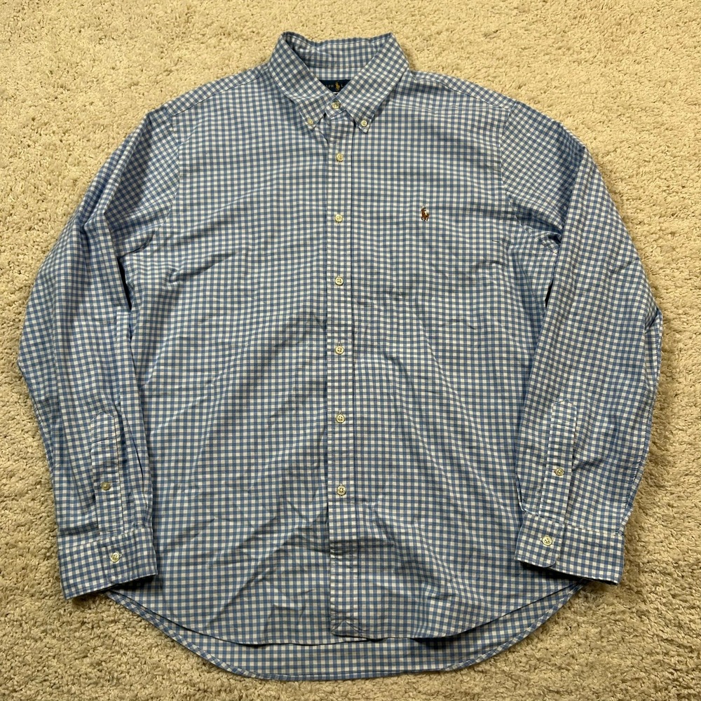 Ralph Lauren Button Down Shirt XXL Blue Gingham Slim Fit Stretch Oxford - Picture 2 of 8